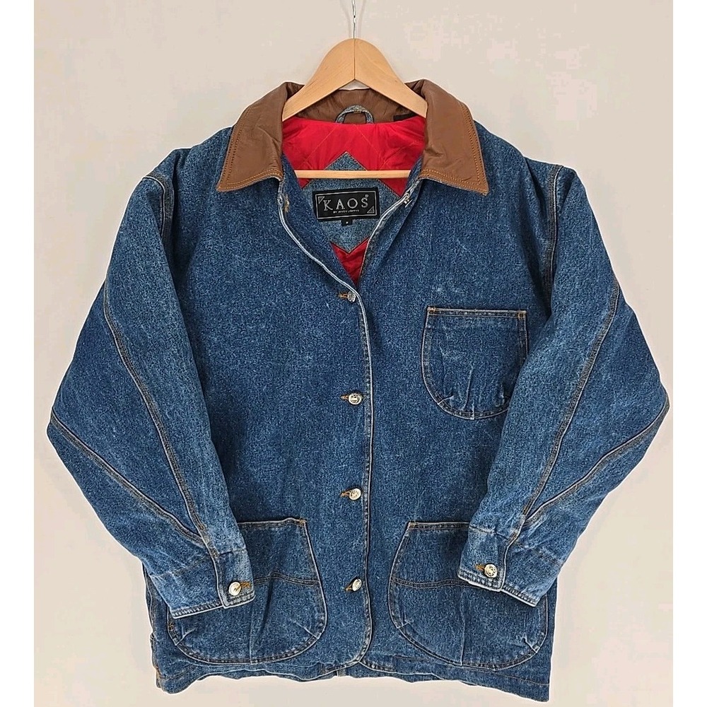 90's Kaos By Andy Johns Heavy Denim Leather Button Up Jacket Women's Sz M Sherpa